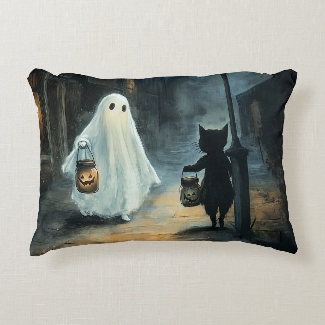 Halloween Ghost und Cat-Begegnung Dekokissen (Vorderseite)