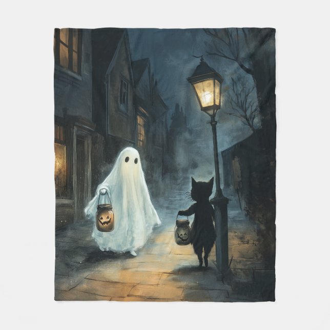 Halloween Ghost und Cat-Begegnung Fleecedecke (Vorderseite)