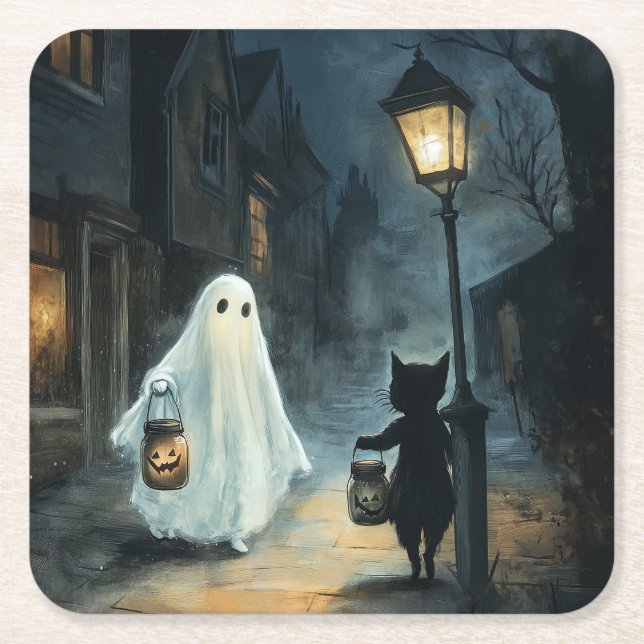 Halloween Ghost und Cat-Begegnung Rechteckiger Pappuntersetzer (Vorderseite)
