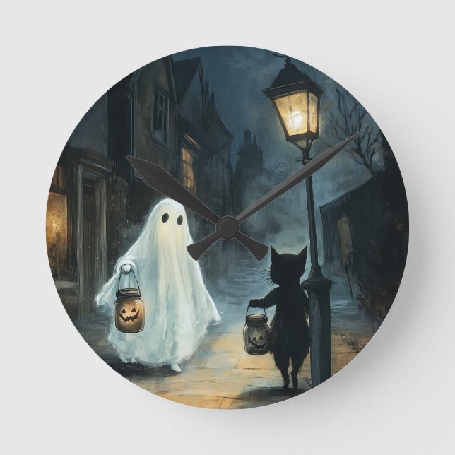 Halloween Ghost und Cat-Begegnung Runde Wanduhr (Vorderseite)