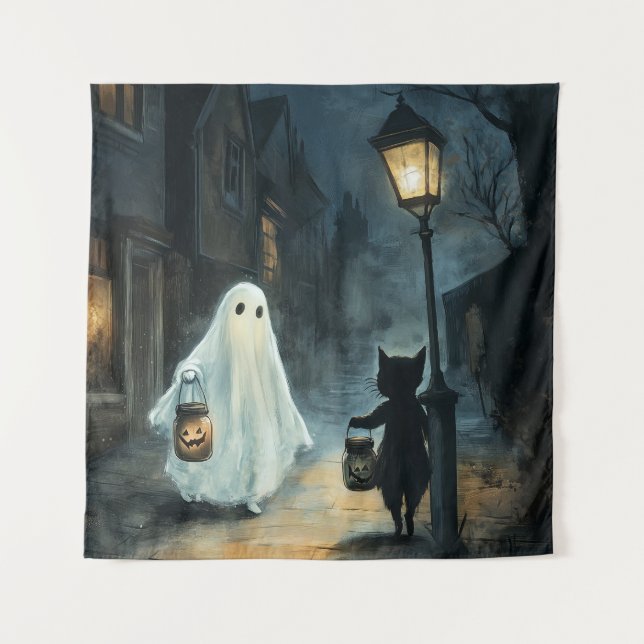 Halloween Ghost und Cat-Begegnung Wandteppich (Vorderseite)