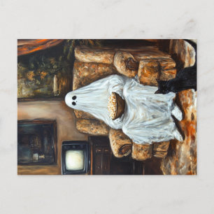 Halloween Ghost Watching TV mit Popcorn Einladungspostkarte