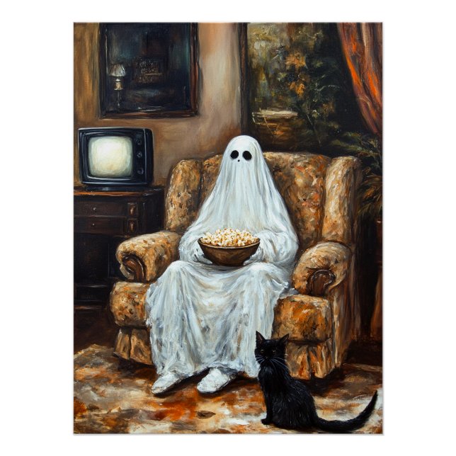 Halloween Ghost Watching TV mit Popcorn Poster (Vorderseite)