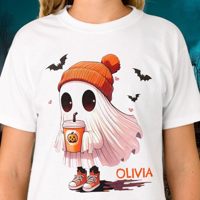 Halloween Ghost WIth Hat Drink Bats Cute Fall T-Shirt (Von Creator hochgeladen)
