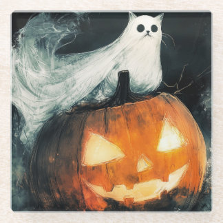 Halloween GhostCat und Kürbislaterne Glasuntersetzer