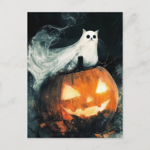 Halloween GhostCat und Kürbislaterne Postkarte
