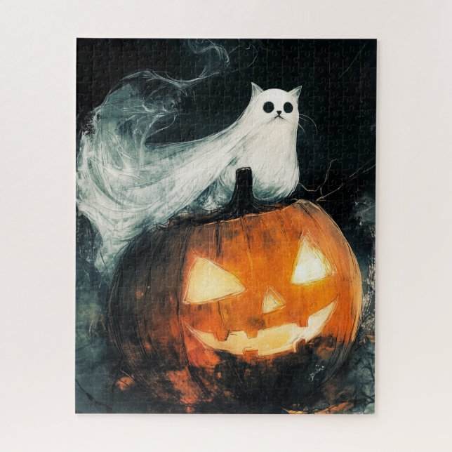 Halloween GhostCat und Kürbislaterne Puzzle (Vertikal)