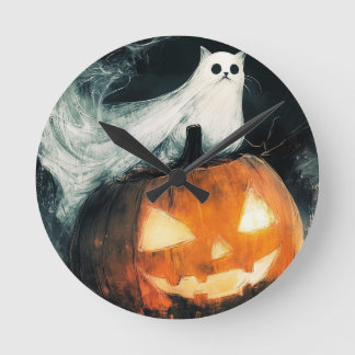 Halloween GhostCat und Kürbislaterne Runde Wanduhr