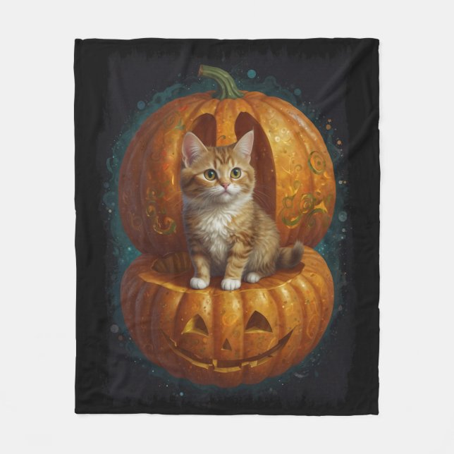 Halloween Ginger Tabby Kitten Leben in einem Kürbi Fleecedecke (Vorderseite)