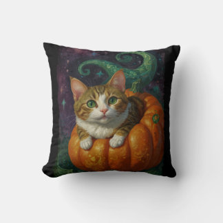 Halloween Ginger & White Kitten Riding a Pumpkin Kissen