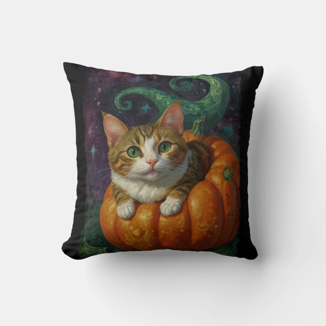 Halloween Ginger & White Kitten Riding a Pumpkin Kissen (Vorderseite)