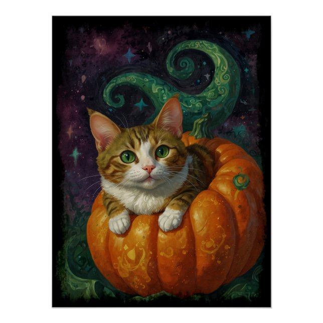 Halloween Ginger & White Kitten Riding a Pumpkin Poster (Vorderseite)