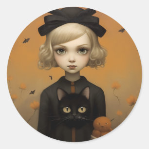 Halloween Girl and Cat Runder Aufkleber