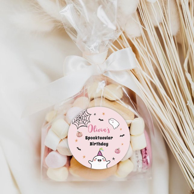 Halloween Girl Birthday Pink Niedlich Ghost Runder Aufkleber (Von Creator hochgeladen)