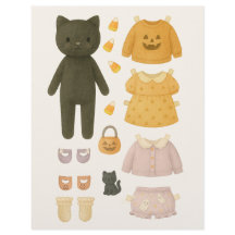 Halloween Girl Black Cat Watercolor Paper Doll