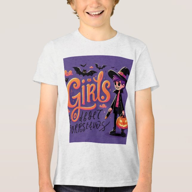 Halloween Girl im T - Shirt der Lila HexenkKostüme (Vorderseite)