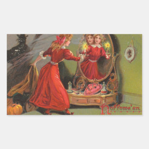 Hallowe'en Girl Mirror Reflection Vintag Rechteckiger Aufkleber