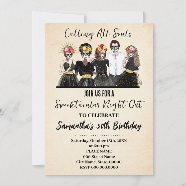 Halloween Girls Night Out Day of the Dead Birthday Einladung (Vorderseite)