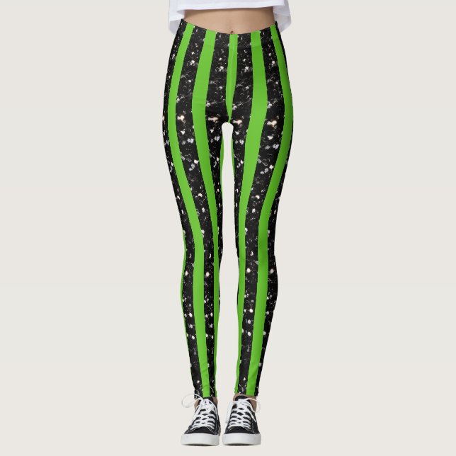 Halloween Glitzern Streifen Linien auf grün Leggings (Vorderseite)