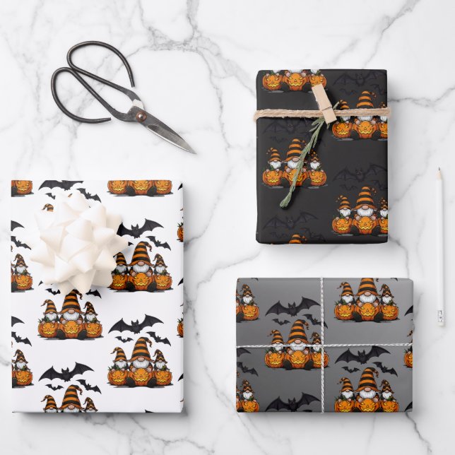 Halloween-Gnome-Geschenkpapier-Set mit 3 flachen B Geschenkpapier Set (Vorderseite)