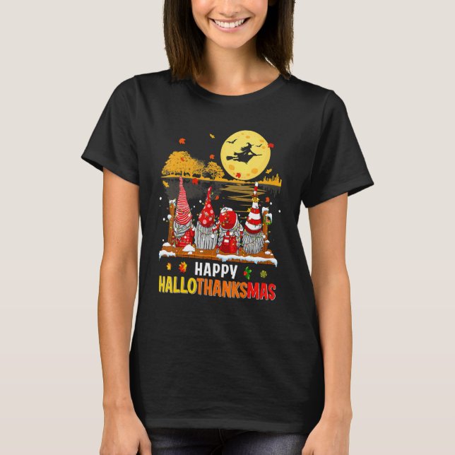 Halloween Gnomes Happy HalloThanksMas Thanksgiving T-Shirt (Vorderseite)