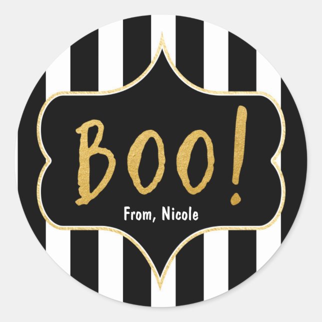 Halloween Gold BOO Schwarz-Weiß Stricksticker Runder Aufkleber (Vorderseite)
