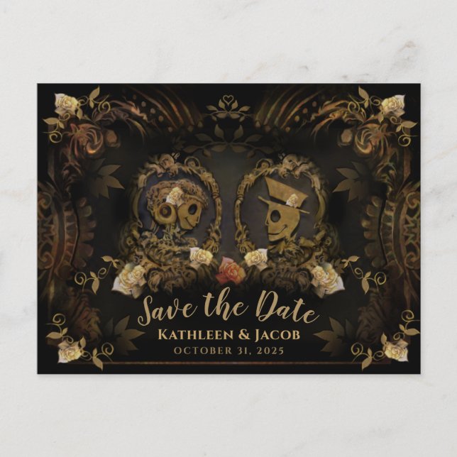 Halloween Golden Elegant Skelette Rett Datum Postc Postkarte (Vorderseite)