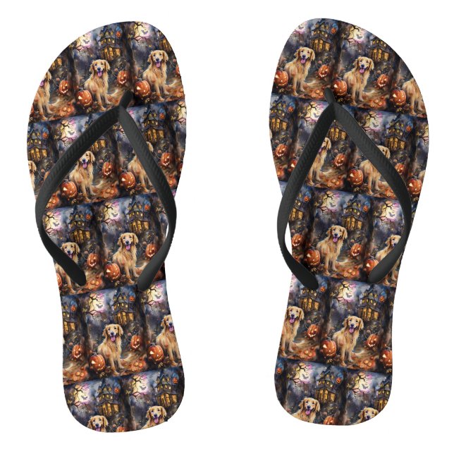Halloween Golden Retriever mit Pumpkins Beängstige Flip Flops (Fußbett)