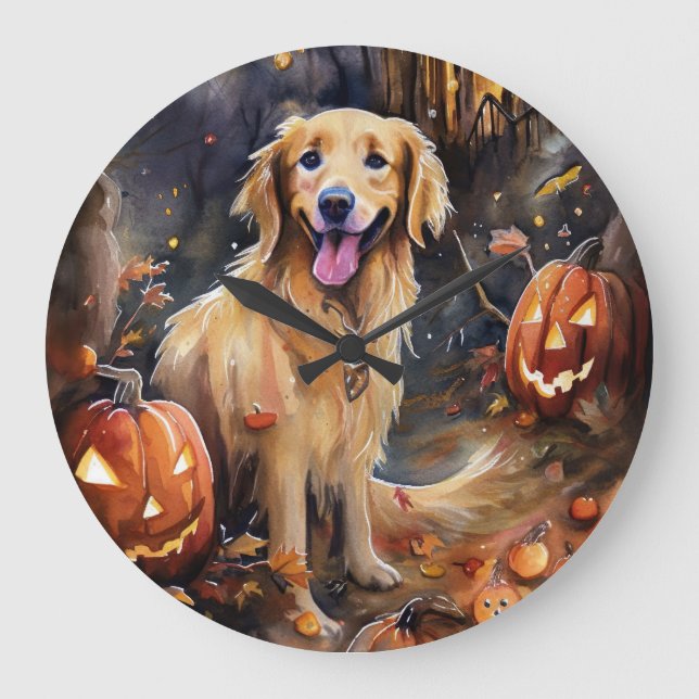 Halloween Golden Retriever mit Pumpkins Beängstige Große Wanduhr (Vorderseite)