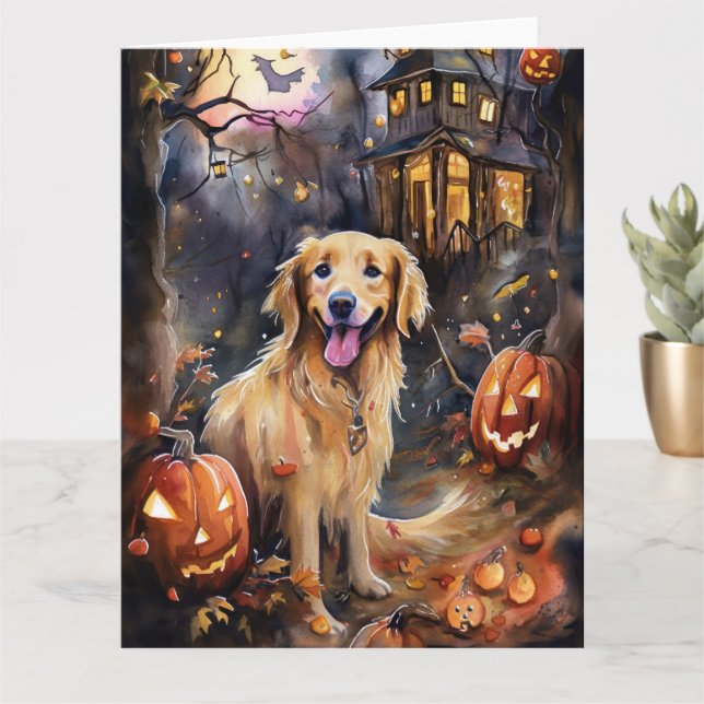Halloween Golden Retriever mit Pumpkins Beängstige Karte (Kleine Pflanze)