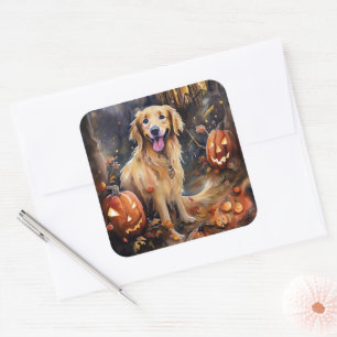 Halloween Golden Retriever mit Pumpkins Beängstige Quadratischer Aufkleber