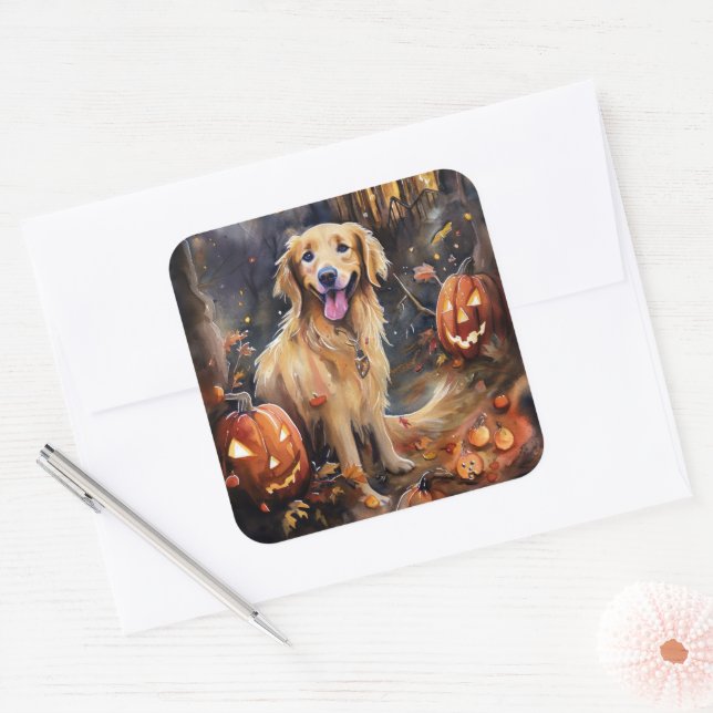Halloween Golden Retriever mit Pumpkins Beängstige Quadratischer Aufkleber (Umschlag)