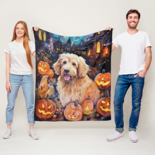 Halloween Goldendoodle mit Pumpkins Beängstigend Fleecedecke