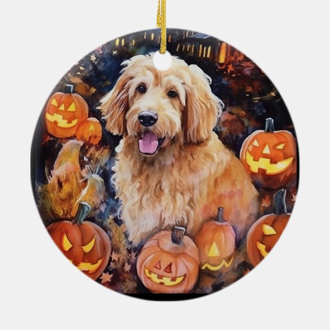 Halloween Goldendoodle mit Pumpkins Beängstigend Keramik Ornament (Hinten)