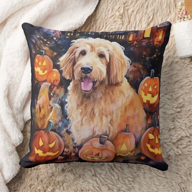 Halloween Goldendoodle mit Pumpkins Beängstigend Kissen (Decke)