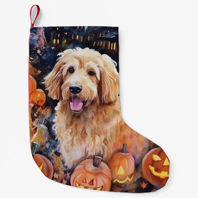 Halloween Goldendoodle mit Pumpkins Beängstigend Kleiner Weihnachtsstrumpf (Vorderseite)