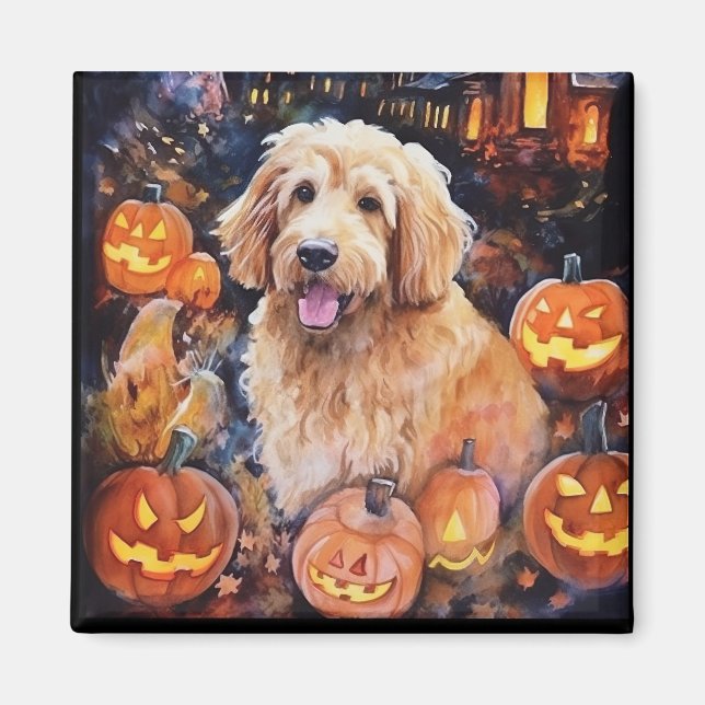 Halloween Goldendoodle mit Pumpkins Beängstigend Magnet (Vorne)