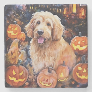 Halloween Goldendoodle mit Pumpkins Beängstigend Steinuntersetzer