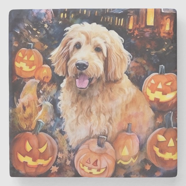 Halloween Goldendoodle mit Pumpkins Beängstigend Steinuntersetzer (Vorderseite)