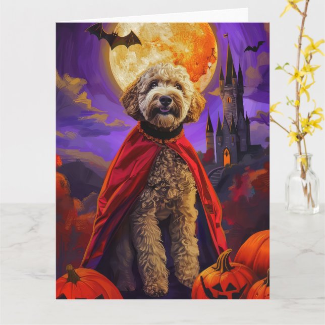 Halloween Goldendoodle Vampire Pumpkins Beängstige Karte (Gelbe Blume)