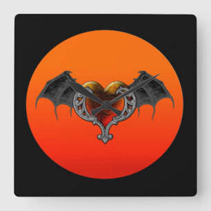 Halloween Goth Orange Heart & Bat Wings Wall Clock Quadratische Wanduhr