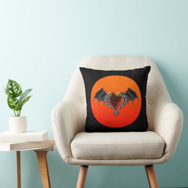 Halloween Goth Orange Herz & Bat Wings Kissen (Stuhl )