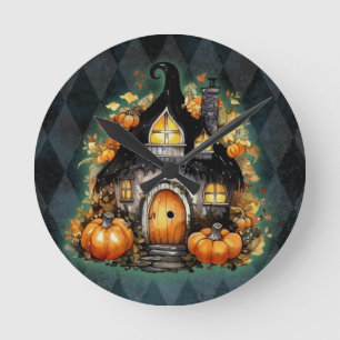 Halloween Gothic Fall Fairy Hütte Blue Raute Runde Wanduhr