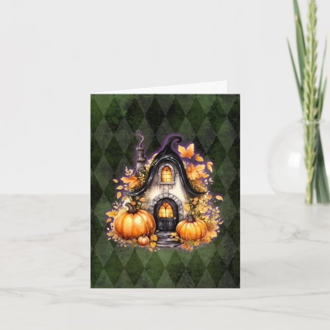 Halloween Gothic Fall Fairy Hütte Grüne Raute Karte (Vorderseite)