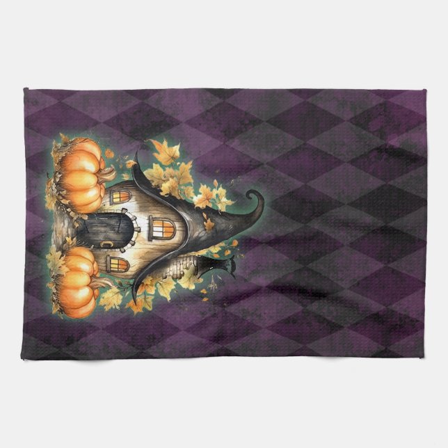 Halloween Gothic Fall Fairy Hütte Lila Raute Geschirrtuch (Horizontal)