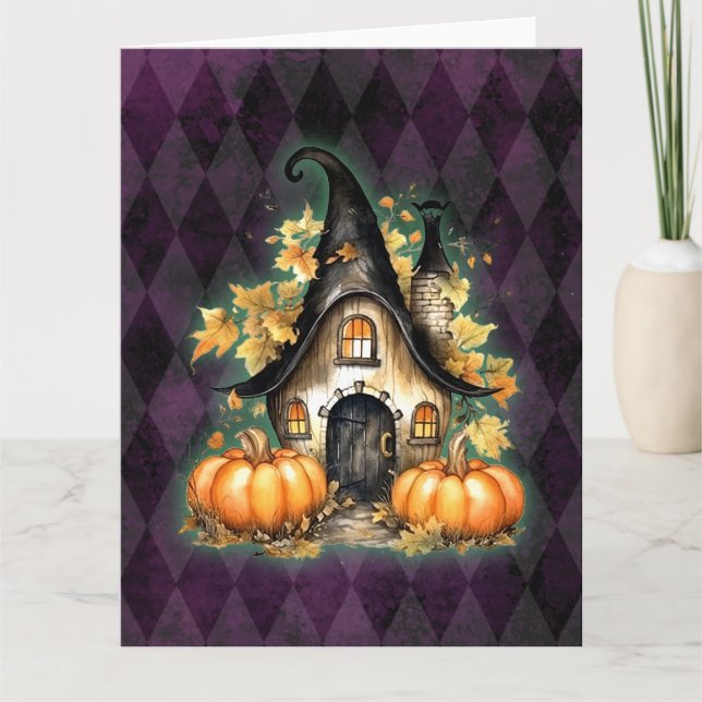 Halloween Gothic Fall Fairy Hütte Lila Raute Karte (Vorderseite)