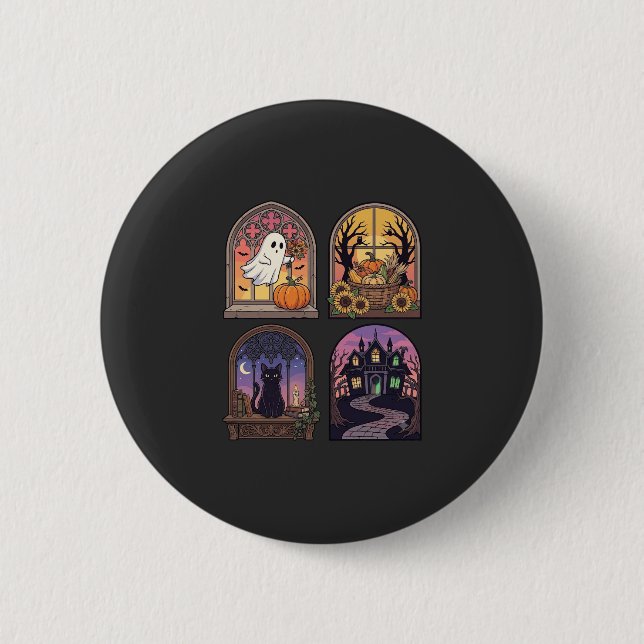 Halloween Gothic-Fenster-Geist-Kürbis-Schwarze Kat Button (Vorderseite)