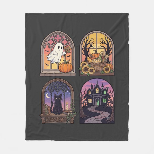 Halloween Gothic-Fenster-Geist-Kürbis-Schwarze Kat Fleecedecke (Vorderseite)