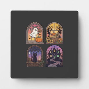 Halloween Gothic Fenster Geist Kürbis Schwarze Kat Fotoplatte