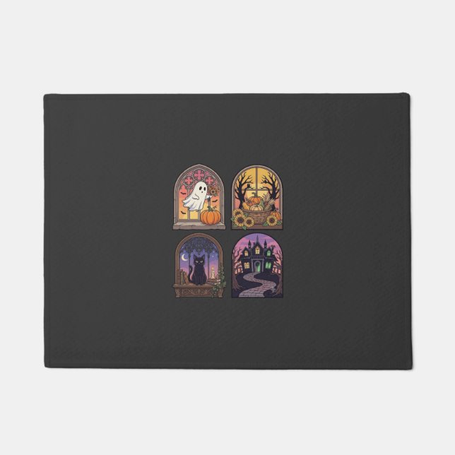 Halloween Gothic-Fenster-Geist-Kürbis-Schwarze Kat Fußmatte (Vorderseite)